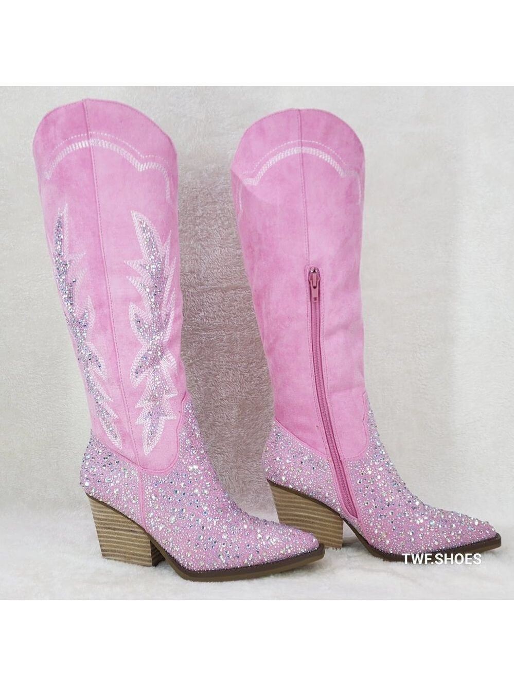 Anniston Baby Pink / Rhinestones Glamour Country Western Cowgirl Knee Boots - Picture 4 of 17